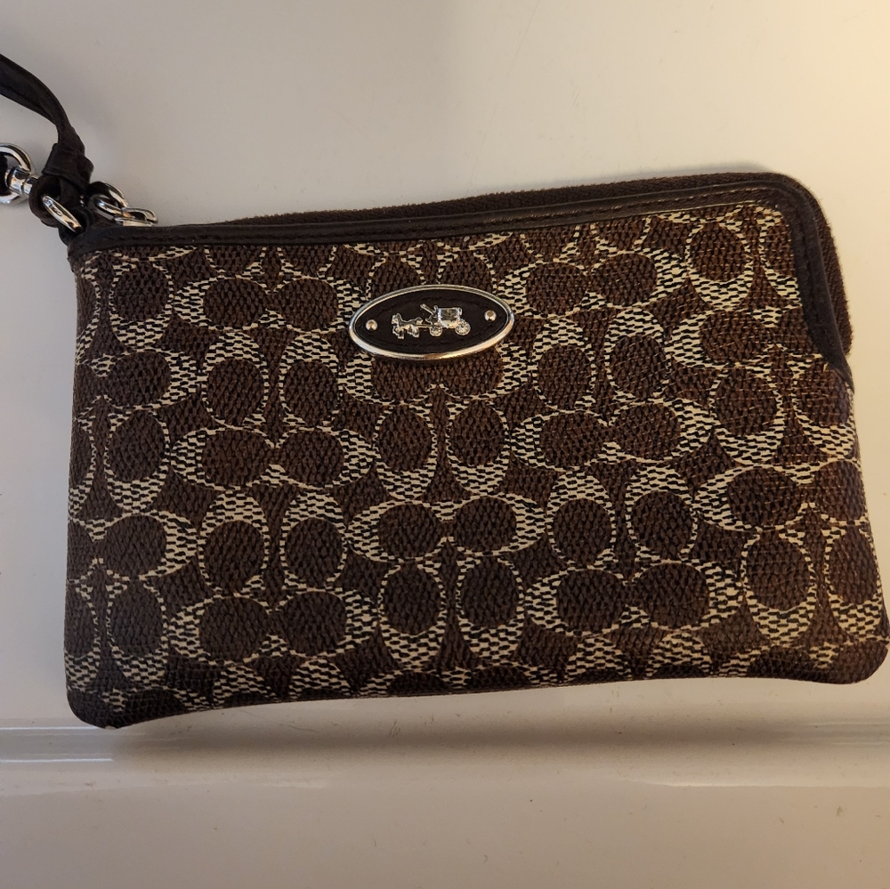 Coach Leather Signature Brown Wristlet